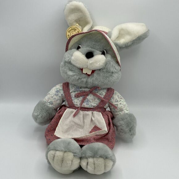 VTG Cuddle Wit 19" Bunny Rabbit Plush Stuffed Animal Dress Hat Gray Pink White - Picture 1 of 6